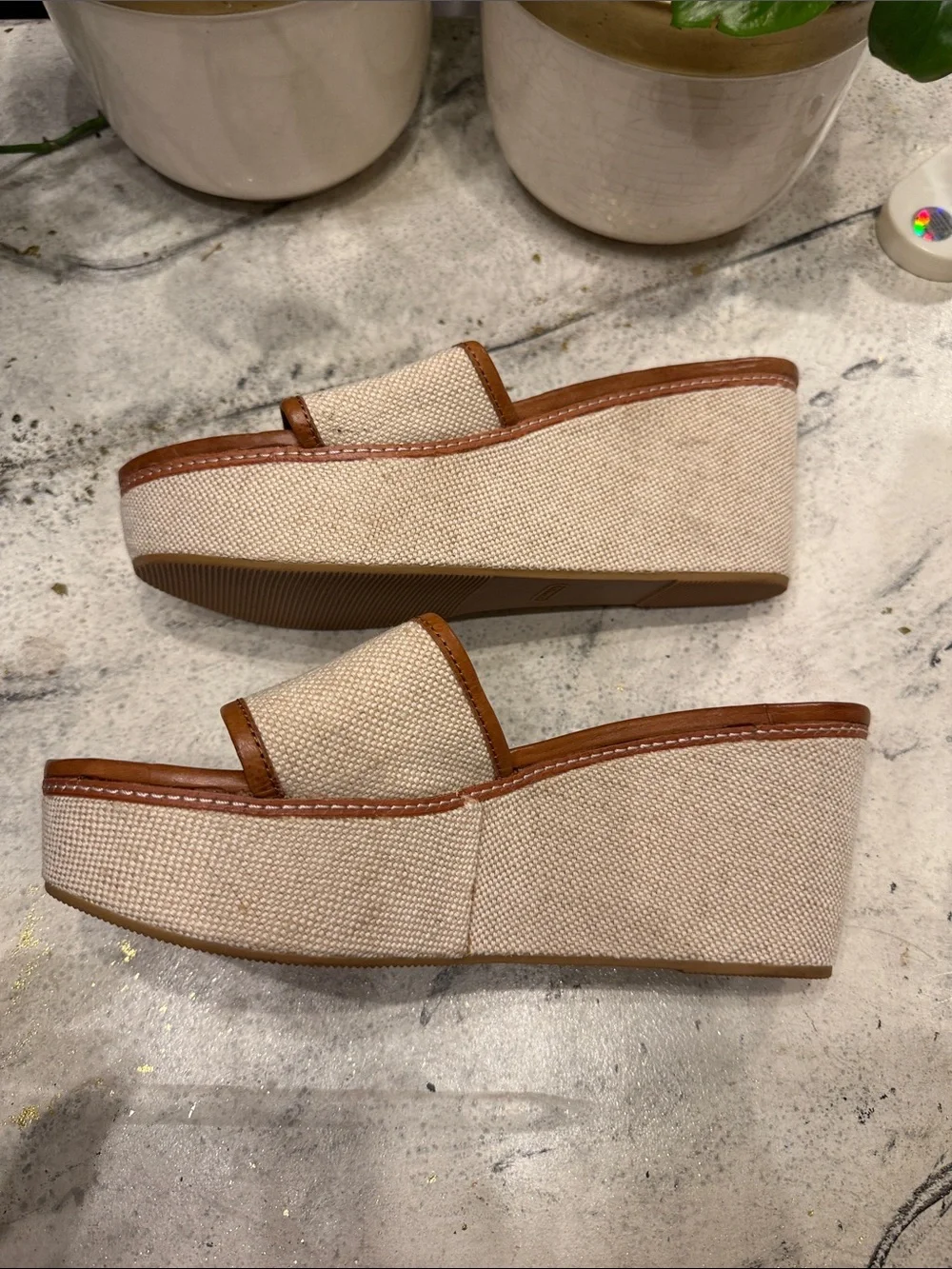 Coach Women’s Tan Leather & Canvas Slide Wedges - Natural/Tan size 10